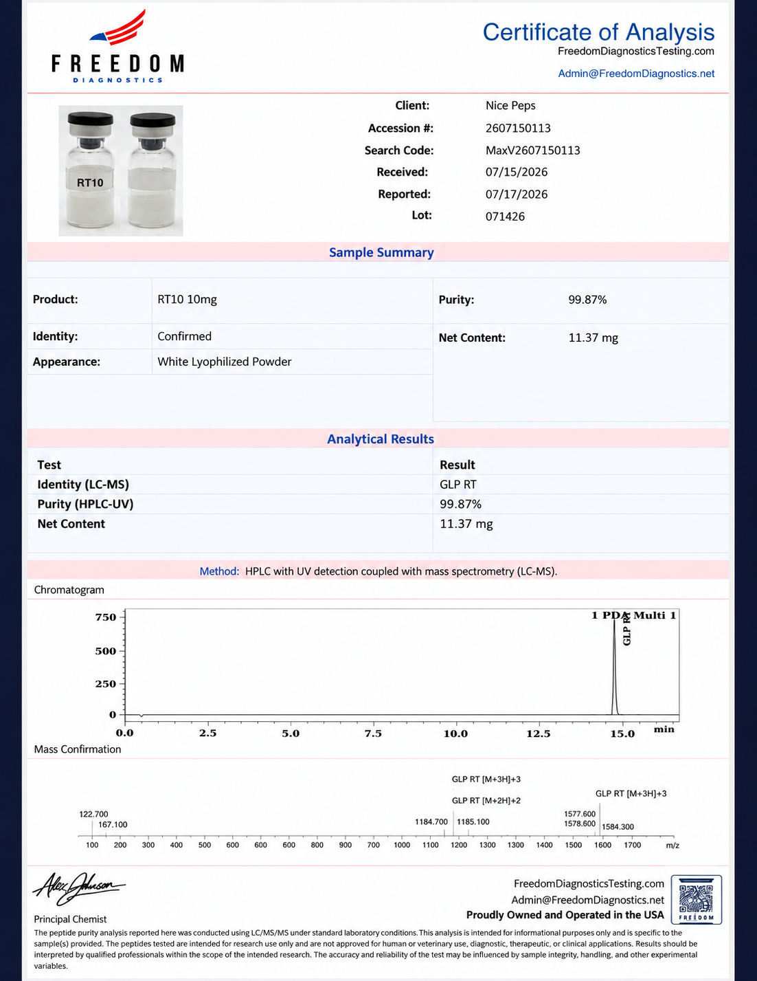 RT-GLP3 certificate of analysis from Freedom Diagnostics, lot 071426