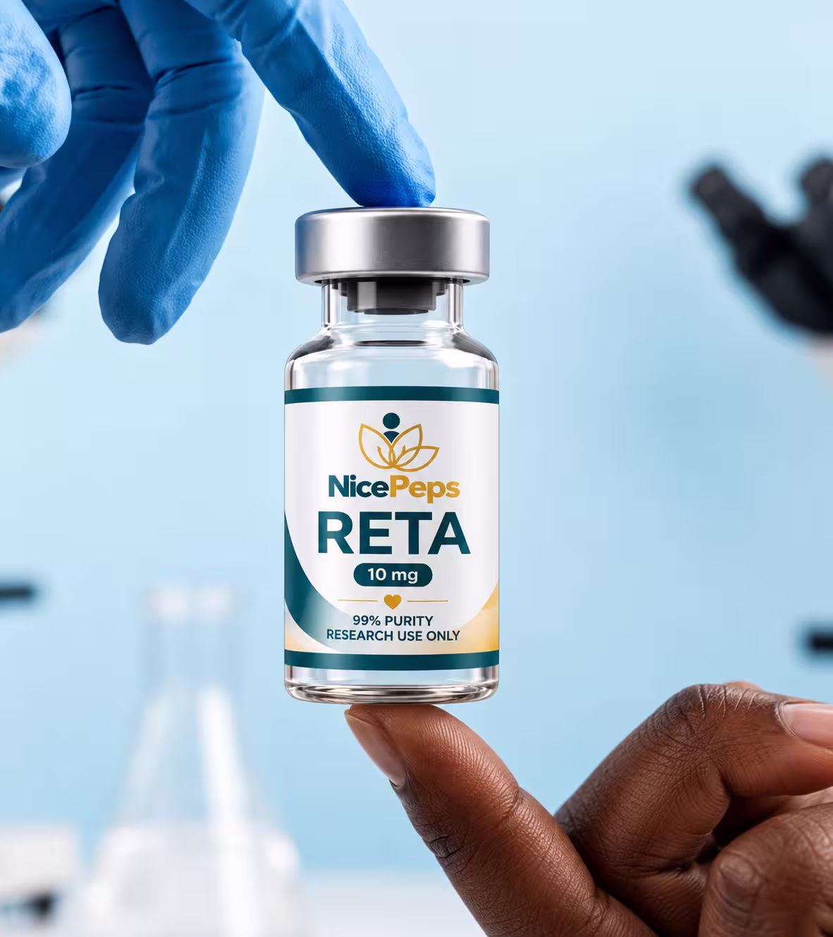 NicePeps research vial held between gloved and bare fingers